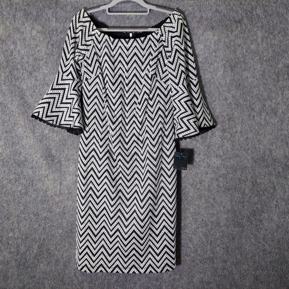 Gabby Skye Dress 8 Sheath Black Chevron Bell Sleeve Mod Retro Office Business - Picture 13 of 16